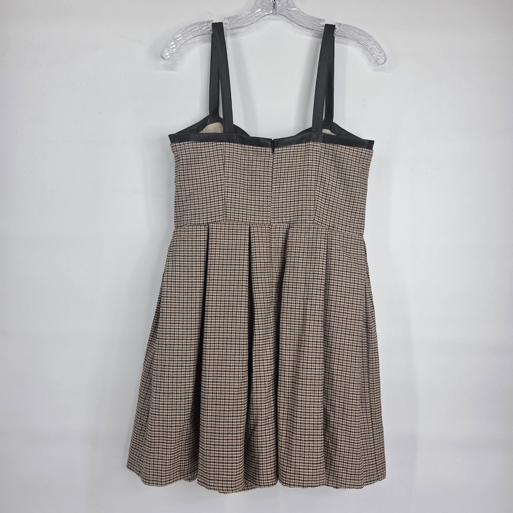Venus Houndstooth Mini Dress S Brown Faux Leather Trim Dark Academia Preppy Edgy - Picture 3 of 8